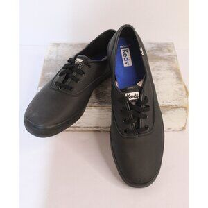 Keds Original Women's 9 Black Faux Leather Flat Loafer Lace Up Boat Shoes Casual